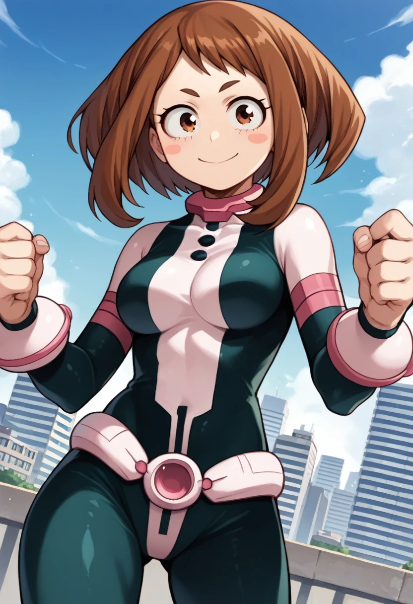 score_9, score_8_up, score_7_up, source_anime,
ochakouraraka, ochako uraraka, brown eyes, brown hair, short hair, blush, blush stickers, smile,
bodysuit, skin tight, superhero,
outdoors, cityscape,
looking at viewer, cowboy shot, dutch angle, dynamic pose,