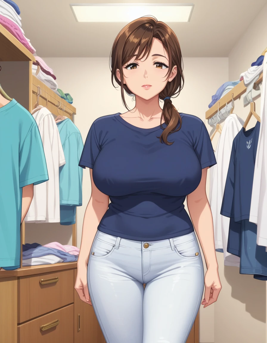 score_7_up, score_6_up, best quality, anime screencap, clear face, 1mature_female, brown hair, side ponytail, low ponytail, big breasts, navy blue T-shirts, white jeans, standing, laundry room