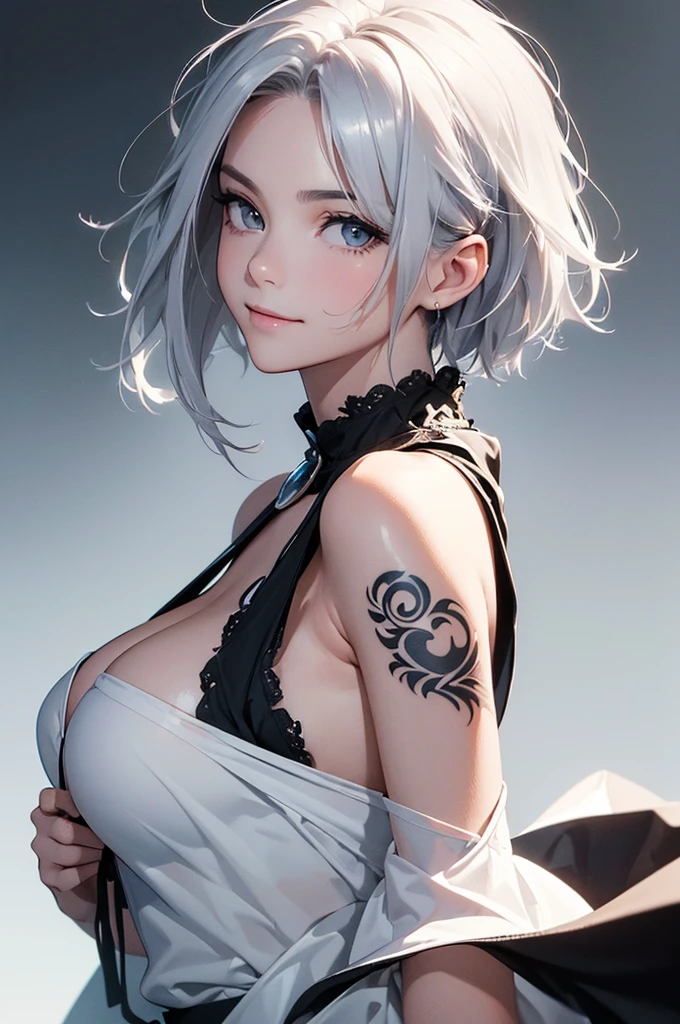 (Image from chest up:1.4)((masterpiece:1.5,Highest quality,Beautiful images、Realistic、3d、Artistic))(1girl, 独奏)(medium breasts, Silver Hair、short hair、Beautiful cleavage、sideboob、Exposing shoulders、Tattoo on shoulder)(Profile portrait,Gaze sideways、Gaze diagonally、Shake your head、Smile, floating hair)(Monotone Abstract Background)((from backside:1.3))((Monotone costumes))
