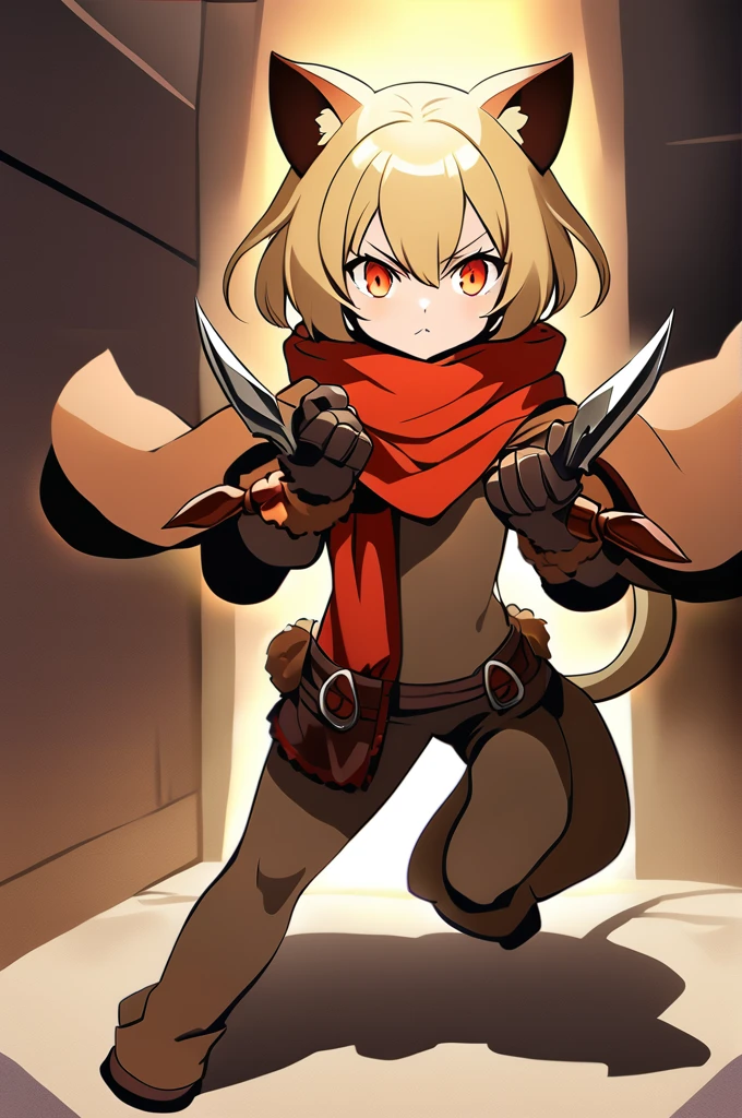 Short blonde hair, cat ears and tail to match hair color, orange eyes, wearing a red scarf, dressed like a brownish bandit, cute girl with a cat beast, brown leather gloves on her hands, two daggers in her hands, ready for battle, 15 years old, the picture should be a Japanese anime, similar to the reference image, small breasts