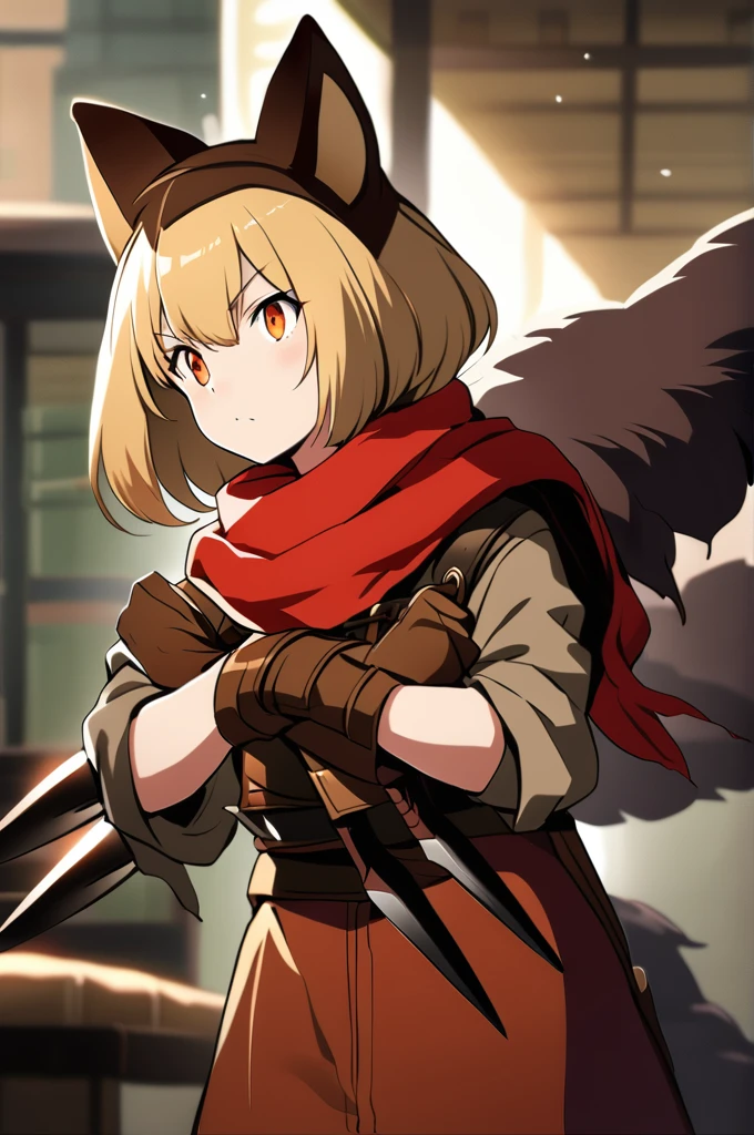 Short blonde hair, cat ears and tail to match hair color, orange eyes, wearing a red scarf, dressed like a brownish bandit, cute girl with a cat beast, brown leather gloves on her hands, two daggers in her hands, ready for battle, 15 years old, the picture should be a Japanese anime, similar to the reference image, small breasts
