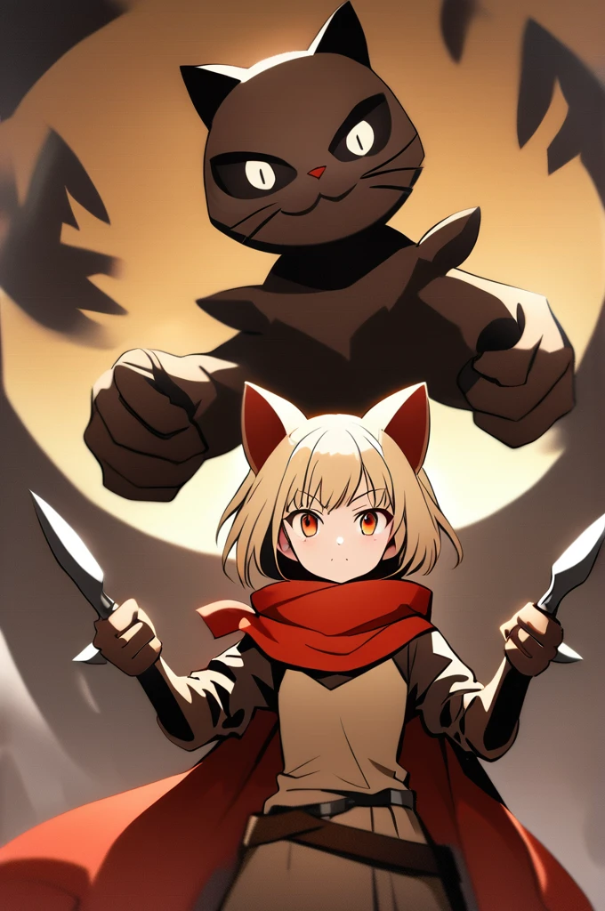 Short blonde hair, cat ears and tail to match hair color, orange eyes, wearing a red scarf, dressed like a brownish bandit, cute girl with a cat beast, brown leather gloves on her hands, two daggers in her hands, ready for battle, 15 years old, the picture should be a Japanese anime, similar to the reference image, small breasts