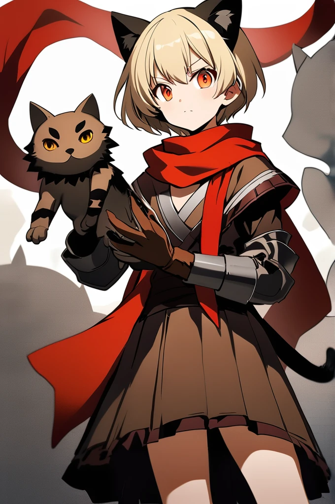 Short blonde hair, cat ears and tail to match hair color, orange eyes, wearing a red scarf, dressed like a brownish bandit, cute girl with a cat beast, brown leather gloves on her hands, two daggers in her hands, ready for battle, , the picture should be a Japanese anime, similar to the reference image, small breasts