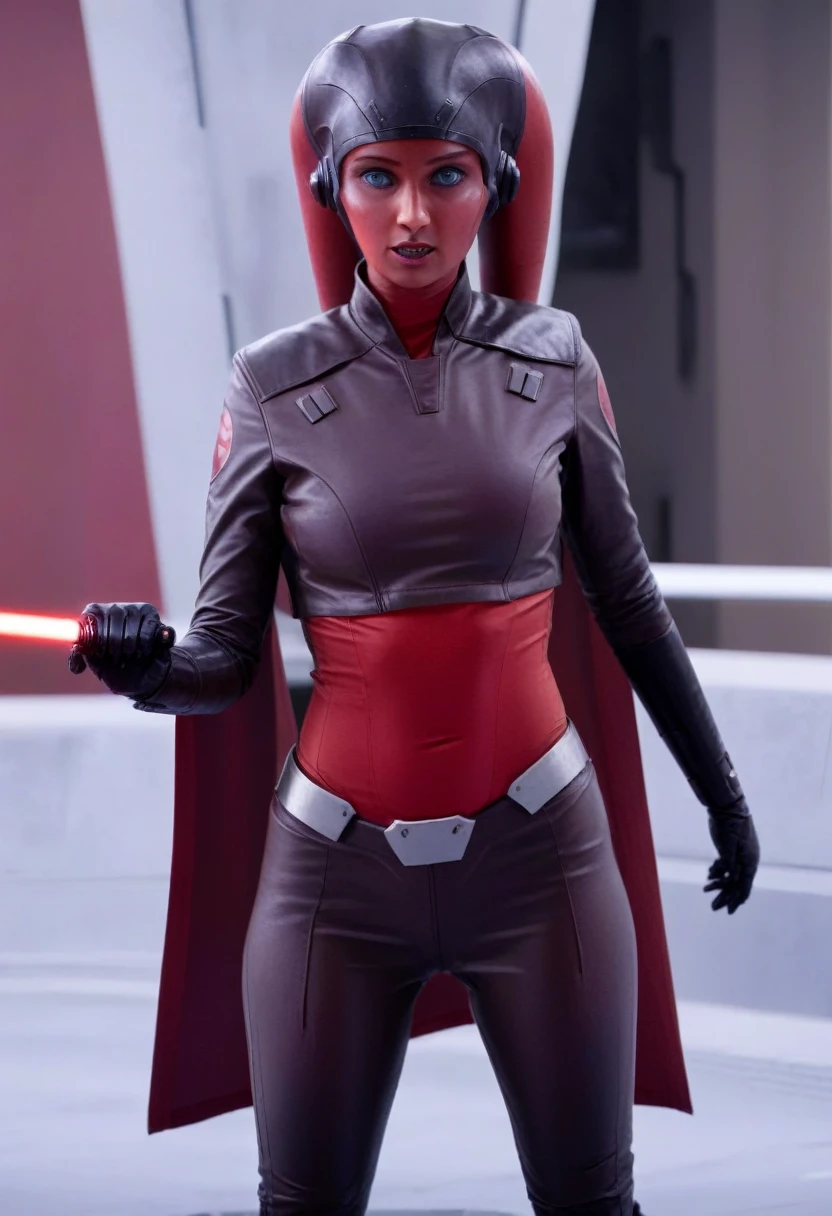 score_9, score_8_up, score_7_up, score_6_up, 2d, rating_questionable, rating_safe, BREAK ((green skin)) Female Twi'lek (((hera syndulla ))), helmet with red visor, star wars, armor,black gloves,tight bodysuit,black cape,black pants, close up, solo, standing, front view, medium breasts, wide hips, holding lightsaber, double edged, action pose, red blade, indoors, sith base, science fiction,
