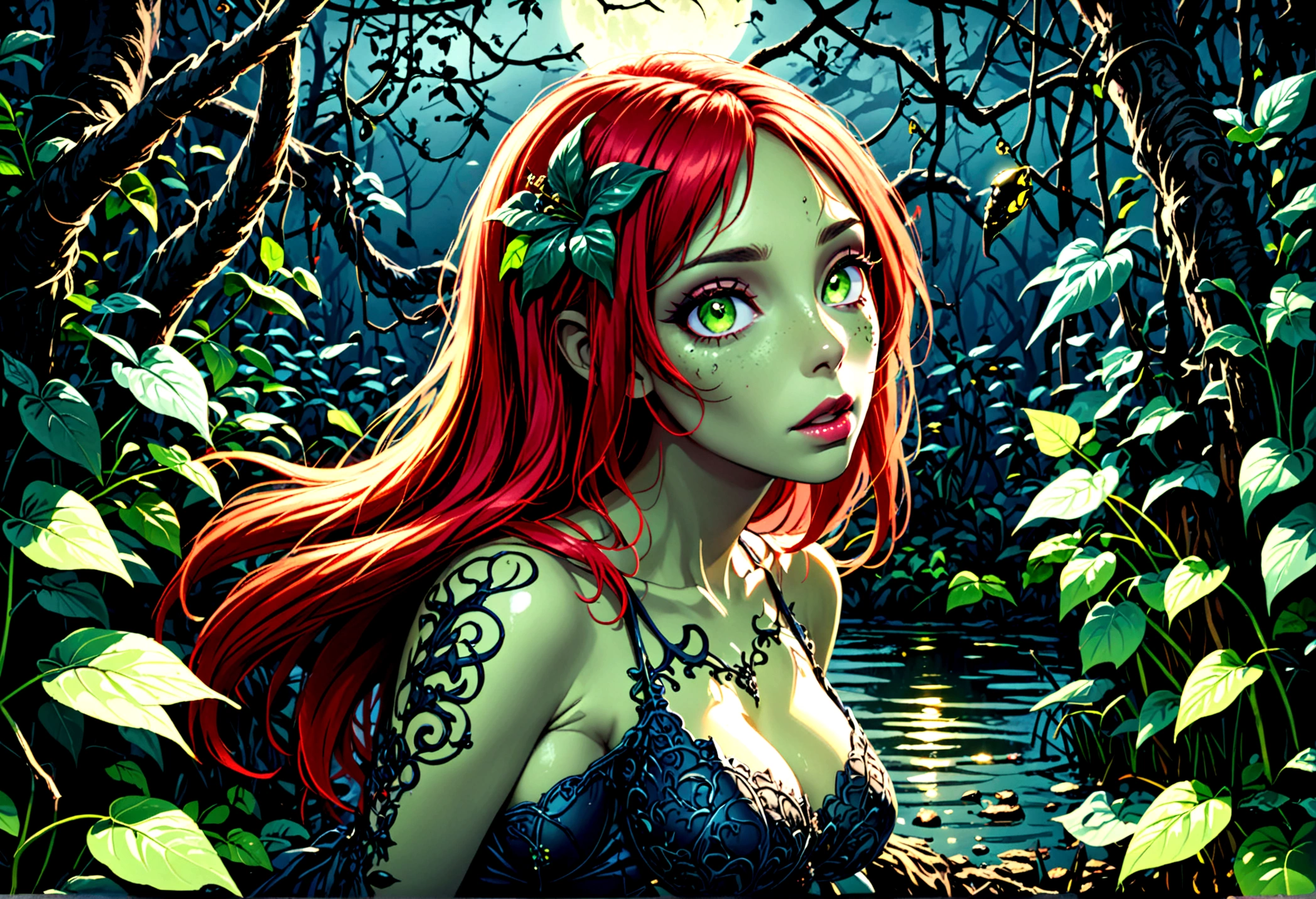 a woman with red hair and green skin, beautiful detailed eyes, beautiful detailed lips, extremely detailed face, poison ivy, animated plant thorn beasts, animated plant vine beasts, animated plant flower beasts, a swamp, a horde of zombie rotten people, a moonlit swamp, (best quality,4k,8k,highres,masterpiece:1.2),ultra-detailed,(realistic,photorealistic,photo-realistic:1.37),horror,fantasy,dark,dramatic lighting,moody lighting,vivid colors