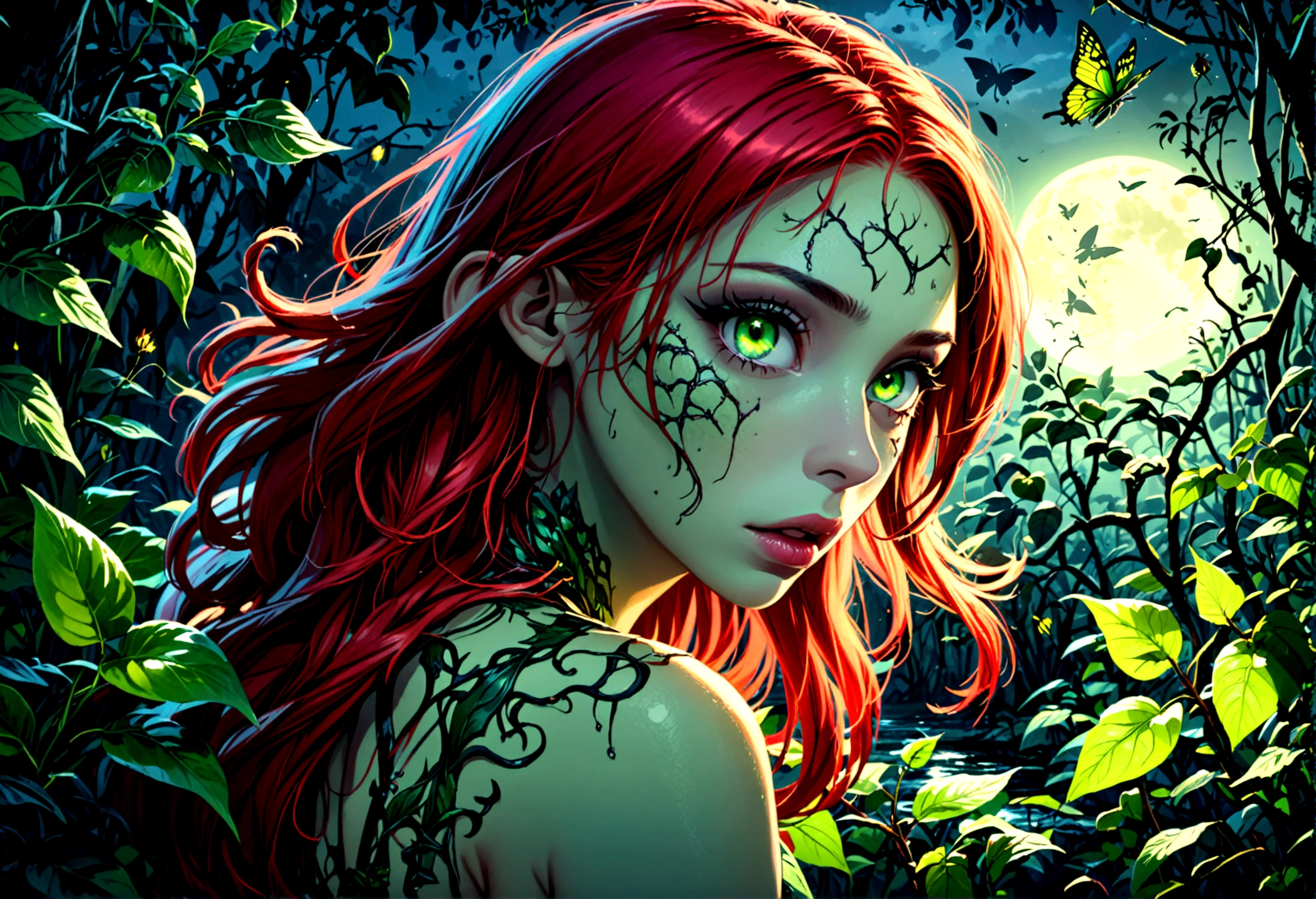 a woman with red hair and green skin, beautiful detailed eyes, beautiful detailed lips, extremely detailed face, poison ivy, animated plant thorn beasts, animated plant vine beasts, animated plant flower beasts, a swamp, a horde of zombie rotten people, a moonlit swamp, (best quality,4k,8k,highres,masterpiece:1.2),ultra-detailed,(realistic,photorealistic,photo-realistic:1.37),horror,fantasy,dark,dramatic lighting,moody lighting,vivid colors
