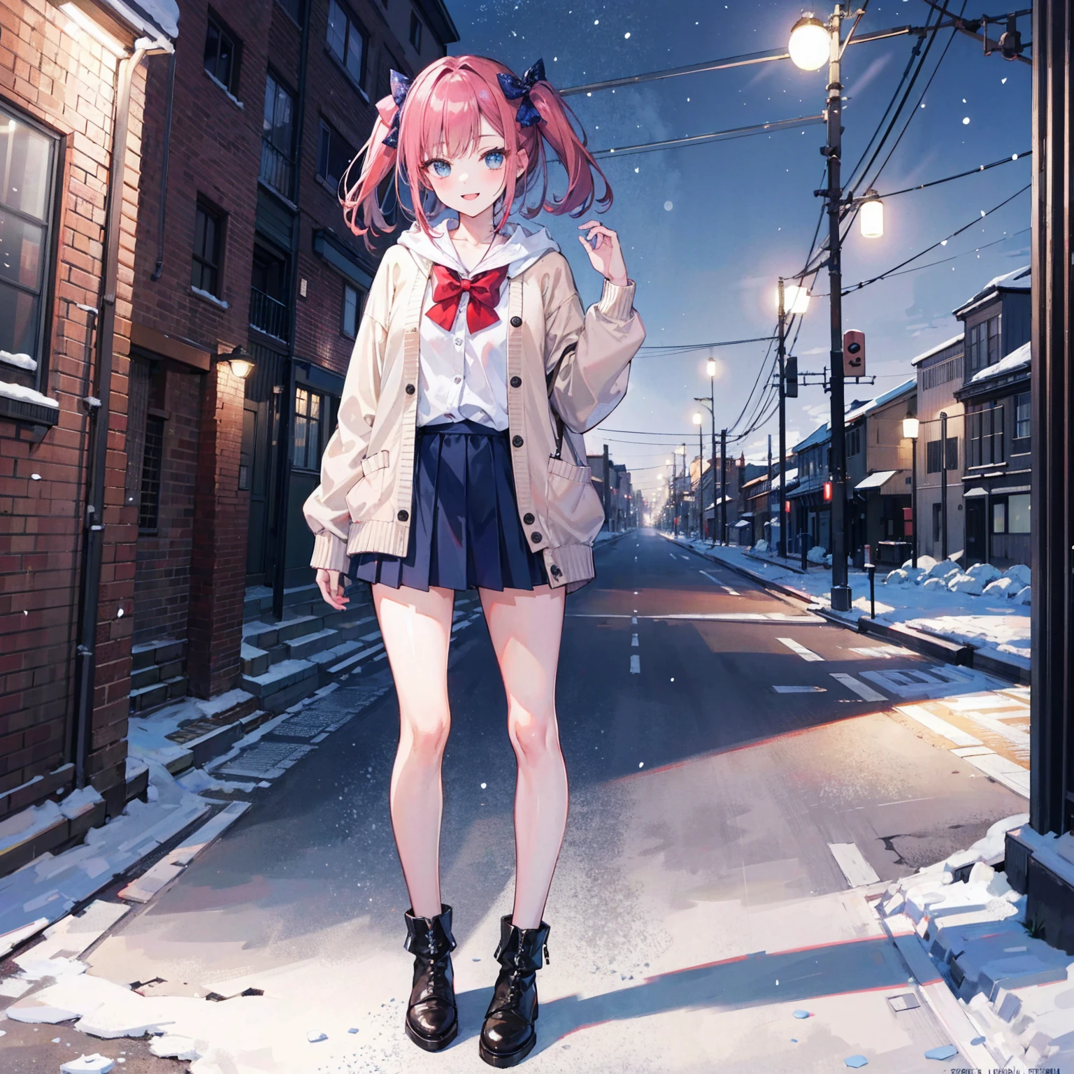 (masterpiece:1.2), best quality, highres, original, (extremely detailed:1.2), ultra-detailed, wallpaper, perfect lighting,(extremely detailed CG:1.2), 8k, anime illustration, 1girl, solo, smiling, (winter outfit:1.2), standing on the street, (knit cardigan:1.1), (bowknot on cardigan:1.25), knee-length skirt, (Ruffled hemline:1.3), winter boots, {delicate|detailed}clothes, (anatomically correct:1.34), close-up, full-body, looking at viewer, frontal, snowy street, (streetlight:1.17), city background, night, unity 4k