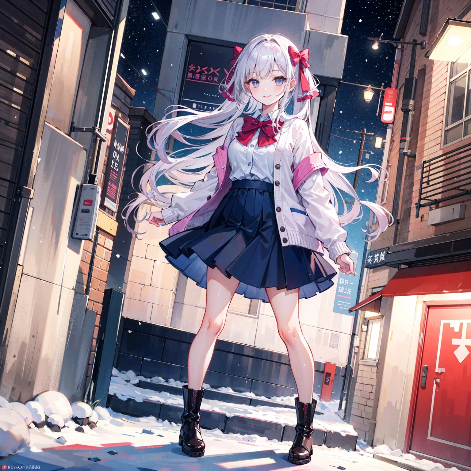 (masterpiece:1.2), best quality, highres, original, (extremely detailed:1.2), ultra-detailed, wallpaper, perfect lighting,(extremely detailed CG:1.2), 8k, anime illustration, 1girl, solo, smiling, (winter outfit:1.2), standing on the street, (knit cardigan:1.1), (bowknot on cardigan:1.25), knee-length skirt, (Ruffled hemline:1.3), winter boots, {delicate|detailed}clothes, (anatomically correct:1.34), close-up, full-body, looking at viewer, frontal, snowy street, (streetlight:1.17), city background, night, unity 4k