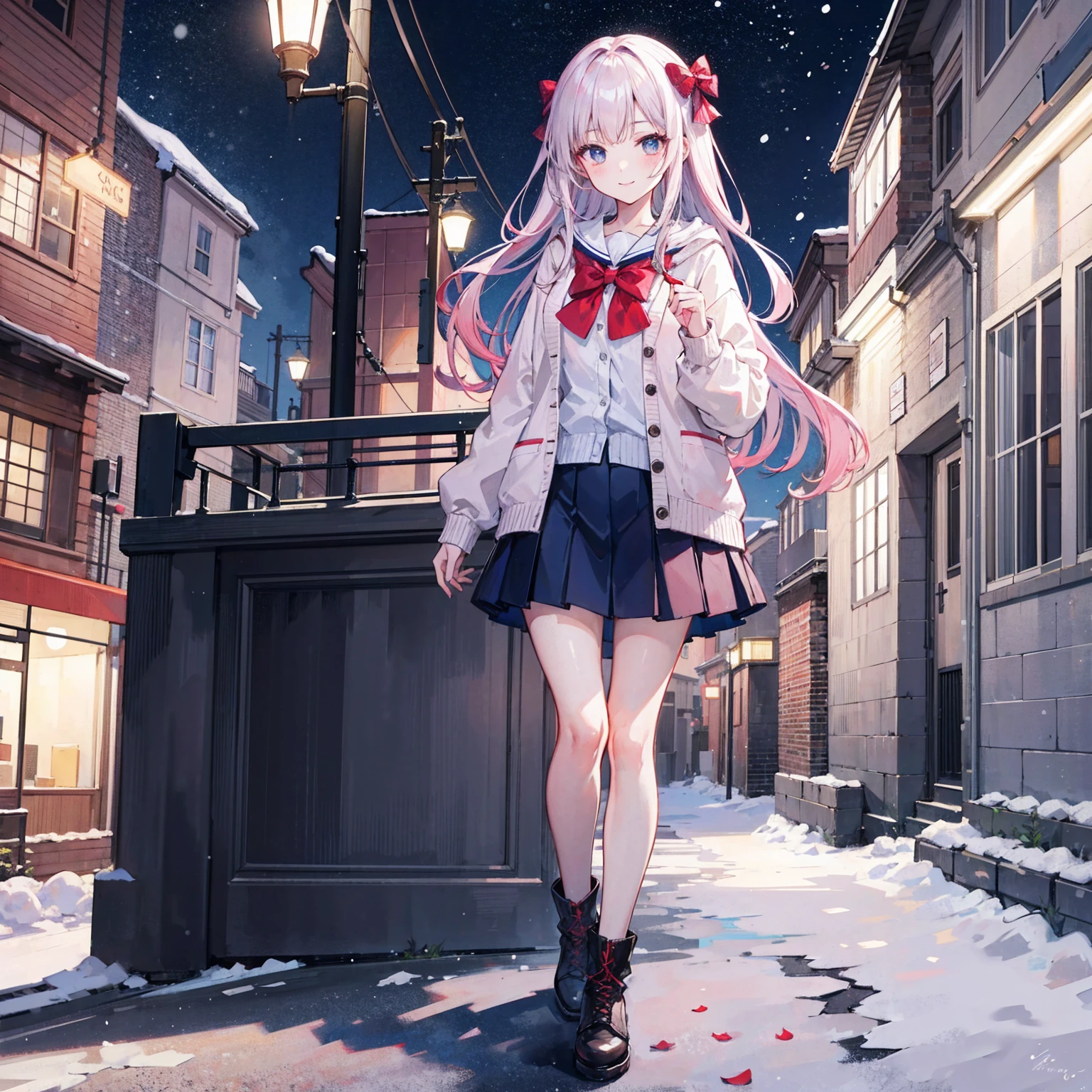 (masterpiece:1.2), best quality, highres, original, (extremely detailed:1.2), ultra-detailed, wallpaper, perfect lighting,(extremely detailed CG:1.2), 8k, anime illustration, 1girl, solo, smiling, (winter outfit:1.2), standing on the street, (knit cardigan:1.1), (bowknot on cardigan:1.25), knee-length skirt, (Ruffled hemline:1.3), winter boots, {delicate|detailed}clothes, (anatomically correct:1.34), close-up, full-body, looking at viewer, frontal, snowy street, (streetlight:1.17), city background, night, unity 4k
