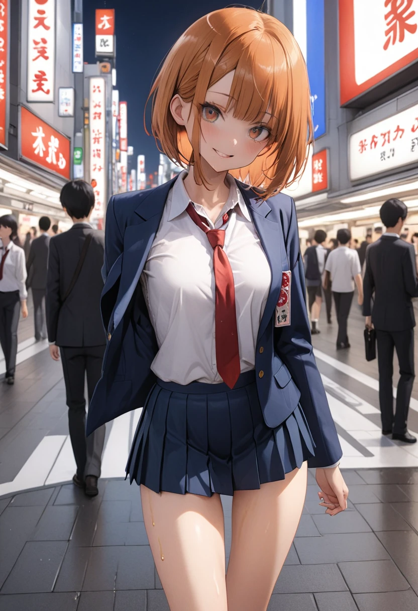 ((masterpiece,Highest quality:1.3,best quality illustration)),cowboy shot,1woman,16-year-old Japan beauty,((very small head:1.4)),short bob hair,bangs,orange hair,brown eyes,gorgeous eyes,blush,smile,medium breasts,((very long body)),(School uniform,Navy blue blazer、Red tie、White Shirt、Navy blue pleated mini skirt),(toned body,slender body,skinny),gleaming skin,shiny skin,oily skin,standing,Shibuya Station、Tokyo