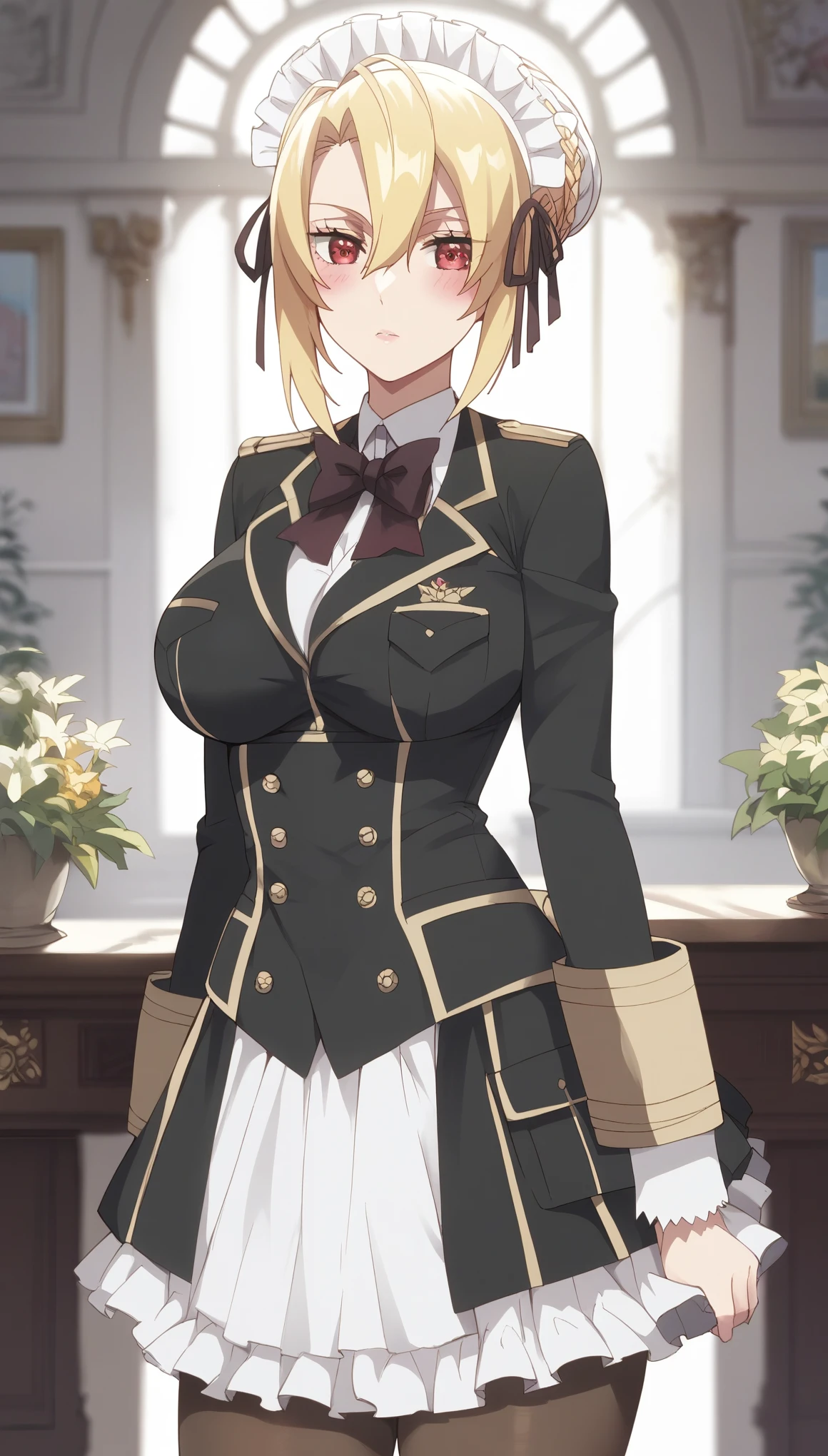 score_9, score_8_up, score_7_up, score_6_up, uncensored, angelica, blonde hair, braid, red eyes, BREAK (masterpiece:1.2), best quality, high resolution,(detailed eyes:1.3), perfect lighting,(perfect hands, perfect anatomy), large breasts, uniform, miniskirt, pantyhose, 