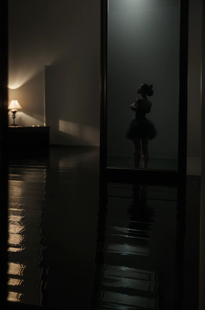 shadow symphony of ballet reflected in the mirror of the lake, dramatic chiaroscuro, cinematic atmosphere, elegant movement, exquisite details, very detailed, 8k, photorealistic, intricate choreography, ethereal, fabulous, dramatic shadows, dramatic lighting, fog, fog, capricious, emotional, atmospheric, (best quality,4k,8k,hires,masterpiece:1.2), ultra-detailed, (realistic, photorealistic, photorealistic:1.37), cinematic, dramatic, elegant, capricious, atmospheric