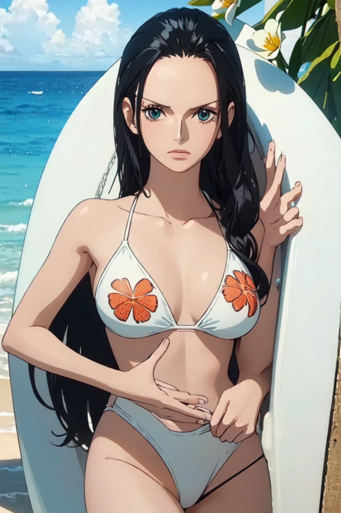best quality, masterpiece, over the sea,1girl (((white bikini swimsuit、flowers printed)))、Beautiful sunlight on the beach, One Piece character Nico Robin, long black hair, extremely beautiful, looking at the viewer, standing in a bikini.(top-quality, 8K, masterpiece:1.3)), A detailed eye, (looking at from the front), Look at the camera, ((Everything is sparkling、reflecting light:1.2)), (Best Ratio: 4 fingers, 1 thumb), (portrait), 1 person, Nico Robin ((one piece)), Beautiful woman with perfect body, Highly detailed facial and skin texture,wearing accessories on head, all fingers pointing at viewer,(((Beautiful white bikini))) sexy shy full body shorts