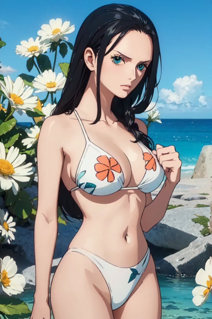 best quality, masterpiece, over  the  sea,1girl (((white bikini swimsuit、flowers printed)))、Beautiful sunlight on the beach, One Piece character Nico Robin, long black hair, extremely beautiful, looking at the viewer, standing in a bikini.(top-quality, 8K, masterpiece:1.3)), A detailed eye, (looking at from the front), Look at the camera, ((Everything is sparkling、reflecting light:1.2)), (Best Ratio: 4 fingers, 1 thumb), (portrait), 1 person, Nico Robin ((one piece)), Beautiful woman with perfect body, Highly detailed facial and skin texture,wearing accessories on head, all fingers pointing at viewer,(((Beautiful white bikini))) sexy shy full body shorts