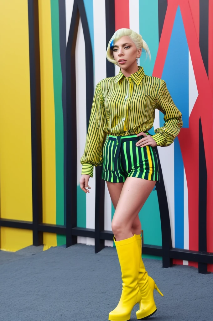 Lady Gaga's performance outfit with yellow-green striped shirt, yellow-green striped shorts, long yellow-green striped boots, butt turned, eyes facing the camera, colorful wall