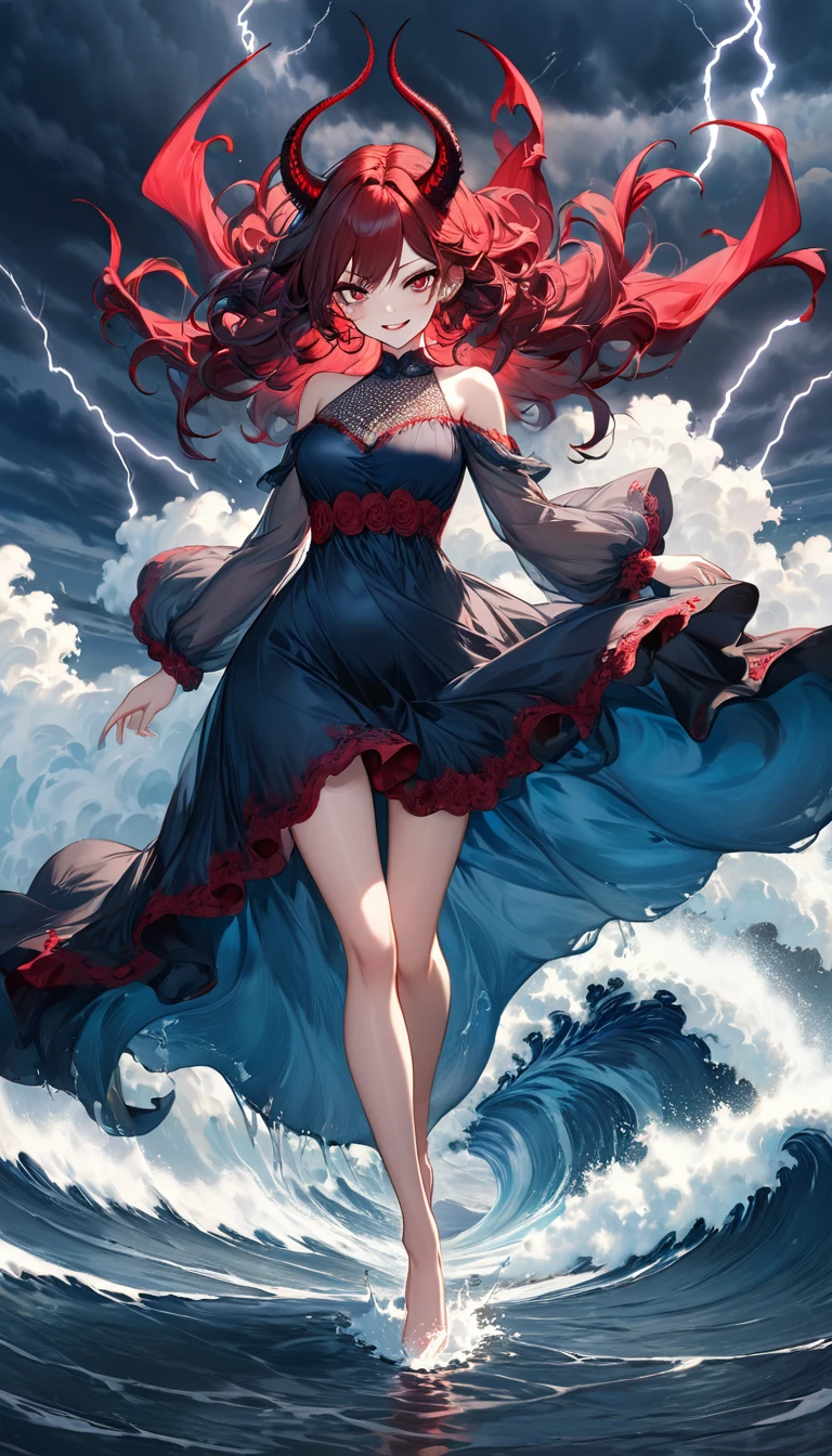 best quality, super fine, 16k, incredibly absurdres, extremely detailed, 2.5D, delicate and dynamic depiction, the most beautiful demon in history, walking on water, fearless smile, attractive and seductive expression, glamorous slender body, long black, red and blue dress, big waves on both sides, dark clouds, the sky splitting, the earth splitting, the sea splitting, lightning, sinister effects