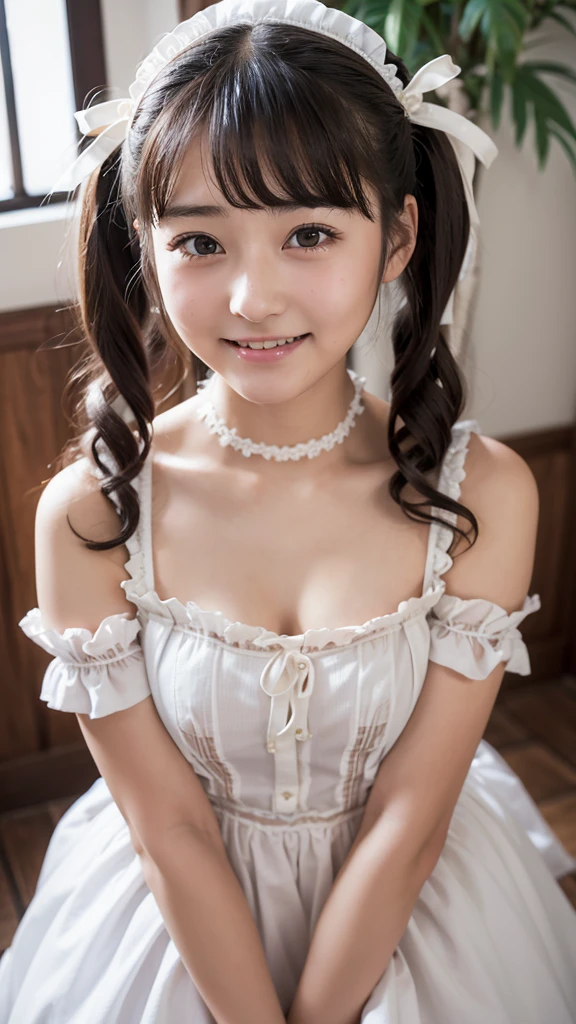 Beauty、Cute person、Beautiful woman、Young face、Detailed face、Maid clothes、ta maid、Twintails、Embarrassed、Laugh a little、from above、wariza、ribbon、With bangs、whole body
