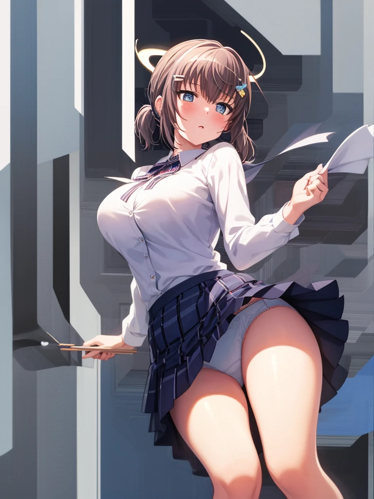 1 Girl, Solitary, Underwear, underwear, breast, skirt, hexist, Halo, Large target_breast, blue_hair, Umbilical cord, hair_Exceed_one_Eye, long_hair, White_skirt, White_Underwear, White_background, hair_Decorations, hairclip, clothing_lift, bow_, lifted_go through_Own, _background, skirt_lift, sock, from_below, Watching_exist_Viewer, long_sleeve, bow, diaphragm, blush, side_Ponytail, Berets, thigh, Bangs, shirt, Black_Headdress, blue_Eyes,