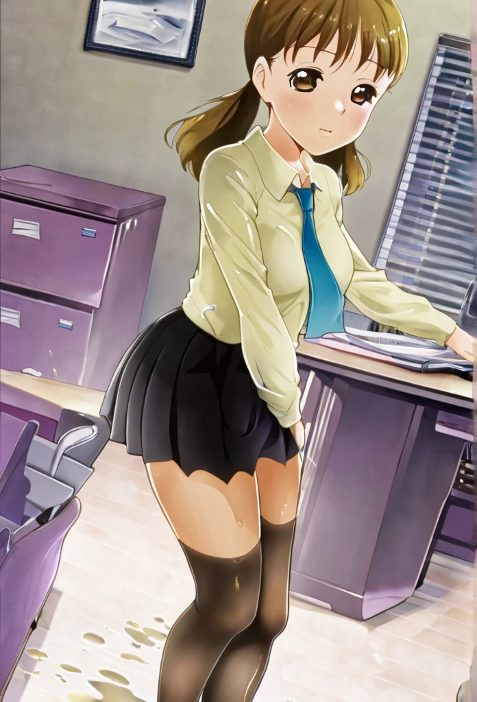 (masterpiece, top quality, best quality, highly detailed:1.2), colorful, 1girl, solo, photo of an office worker woman standing next to her desk and peeing on the floor, peeing self, having an accident, office, indoor, standing, ((pee stream)), (pee puddle), pee stain, panties, miniskirt, wet skirt, wet furniture, pee puddle, peeing, wet stockings, pantyhose, 