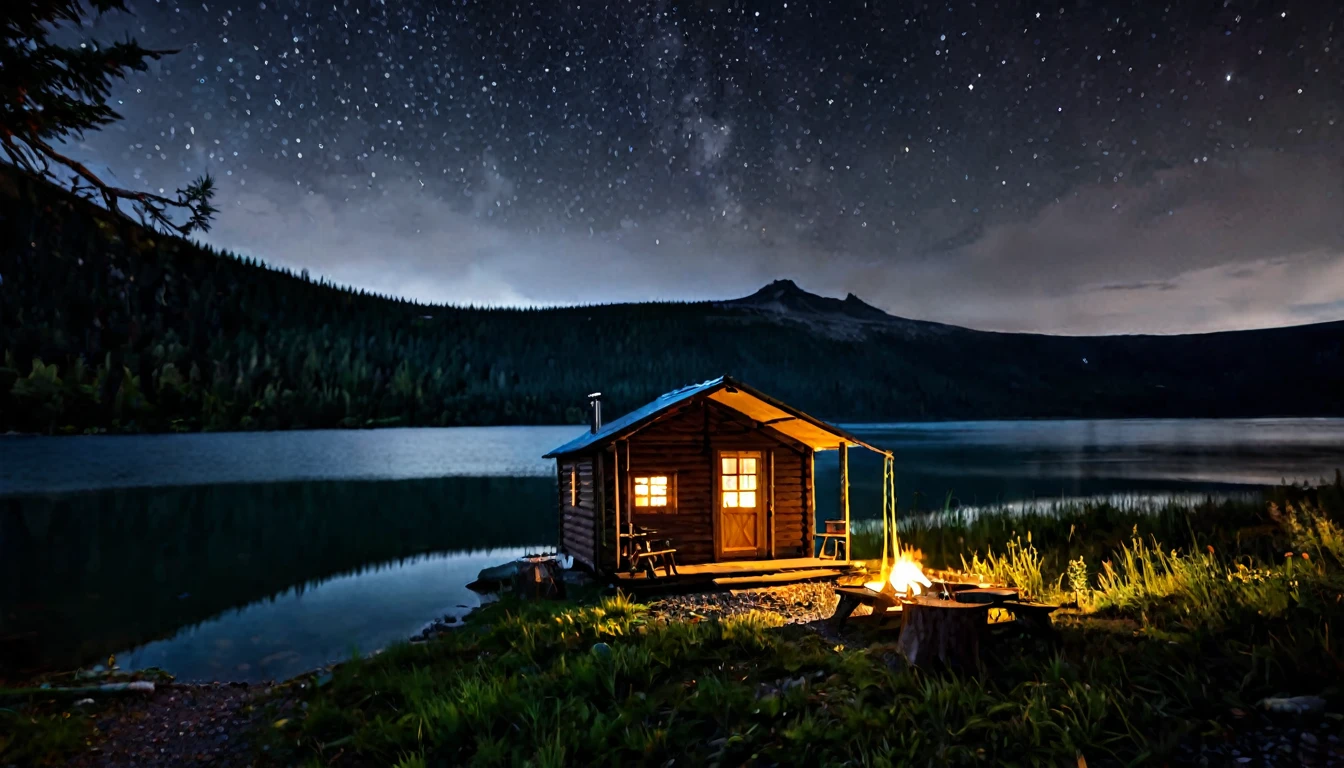 small wooden cabin by the lake, camping tents around, dark, eerie night