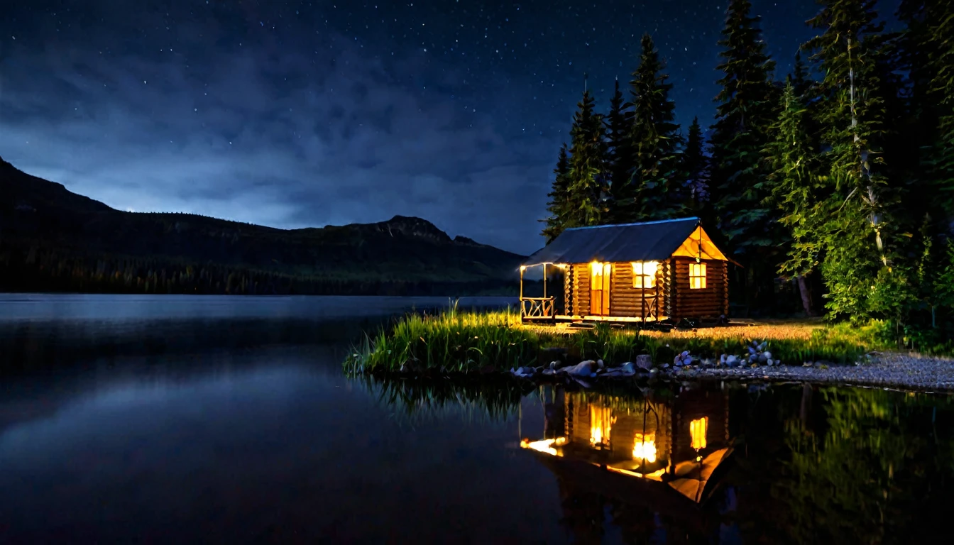 small wooden cabin by the lake, camping tents around, dark, eerie night