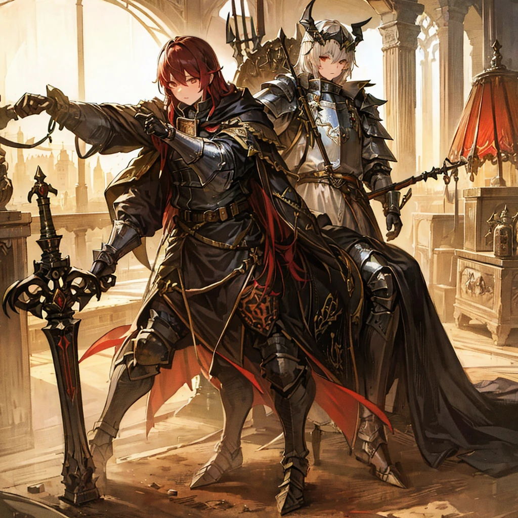 A knight in armor,Gorgeous clothes,Cane,Medieval European fantasy style,Line drawing style。Black and White、yellowish、Dark red main color。