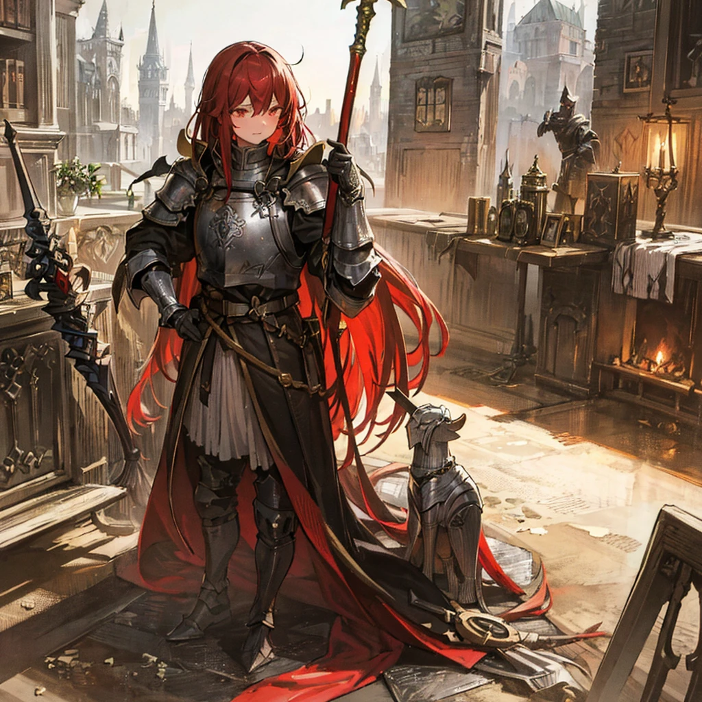 A knight in armor,Gorgeous clothes,Cane,Medieval European fantasy style,Line drawing style。Black and White、yellowish、Dark red main color。