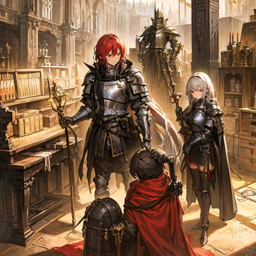 A knight in armor，Gorgeous clothes，Cane，Medieval European fantasy style，Line drawing style。Black and White、yellowish、Dark red main color。