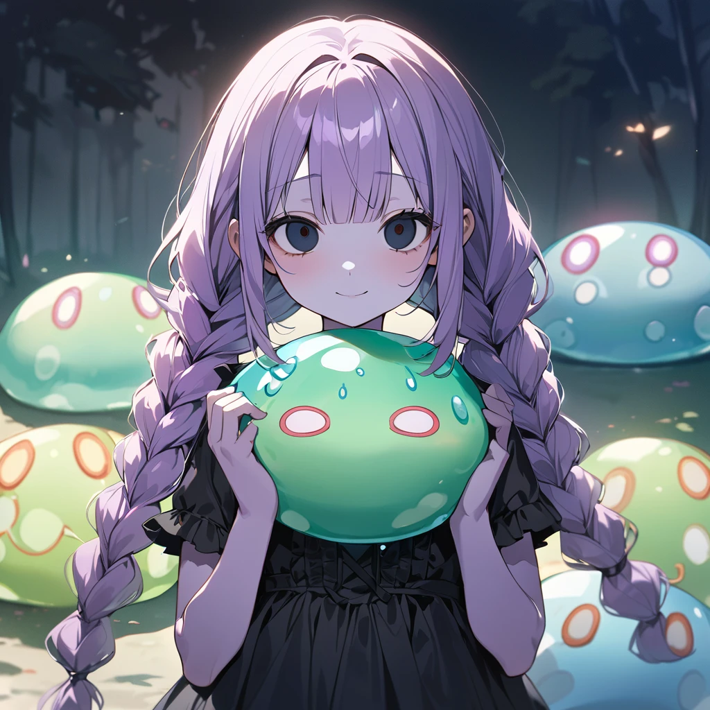 masterpiece, ultra detailed, 8K, full body shot,, a girl, kawaii, light atmosphere, (Cute a Slime girl:1.5), (a girl who turned into a slime, pale purple hair, wavy two braids, blunt bangs hair, green and black eyes empty eyes, purple skin, yandere, portrait:1.4), anime visual, (tilt head:1.3), extremely delicate face, realistic lighting and shading, (an extremely delicate and beautiful art:1.3),Watercolor painting, a girl, Slender girl with small breasts, She's not wearing any clothes, she has a wicked smile on her f,The girl holds a teddy bear close to her chest with both hands.