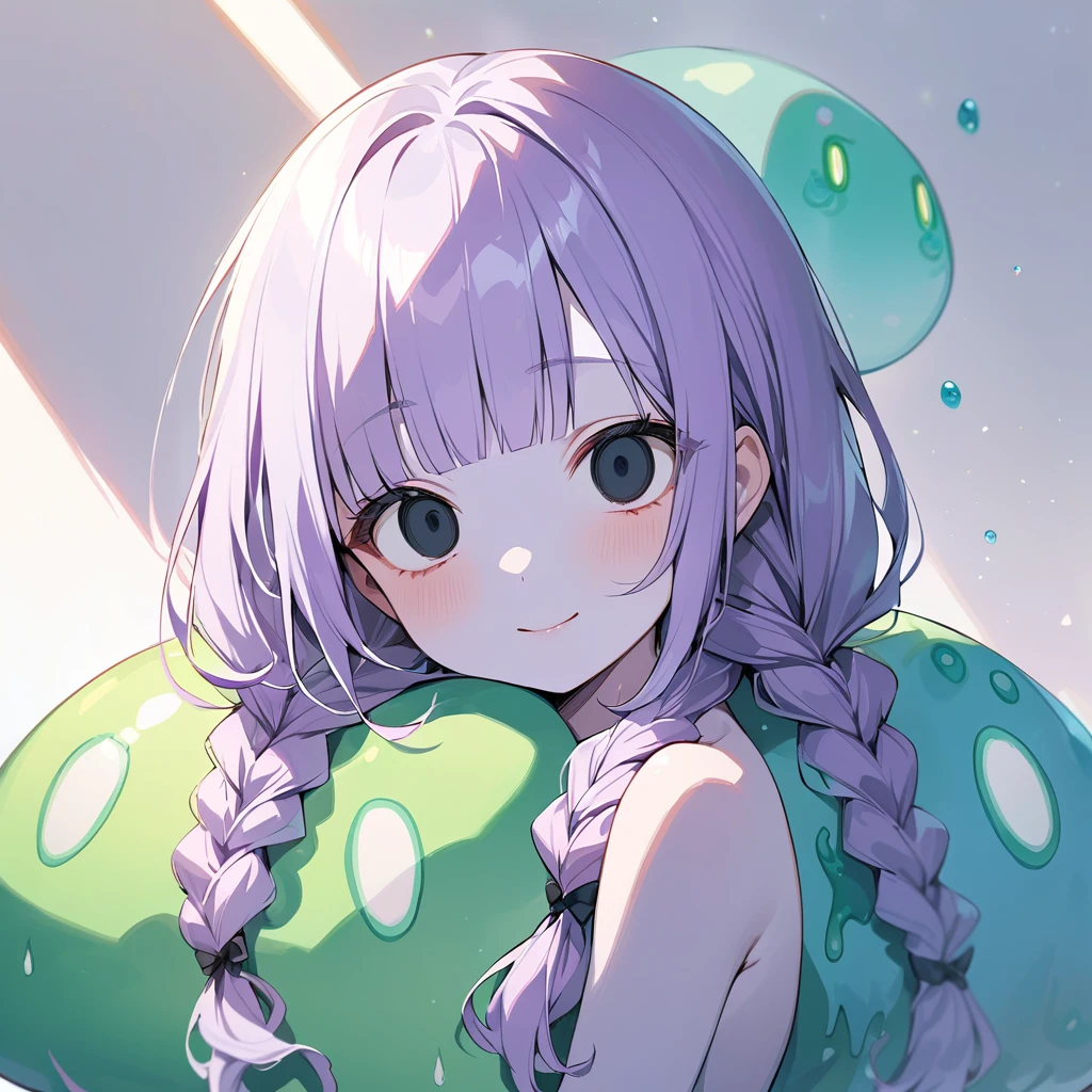 masterpiece, ultra detailed, 8K, full body shot,, a girl, kawaii, light atmosphere, (Cute a Slime girl:1.5), (a girl who turned into a slime, pale purple hair, wavy two braids, blunt bangs hair, green and black eyes empty eyes, purple skin, yandere, portrait:1.4), anime visual, (tilt head:1.3), extremely delicate face, realistic lighting and shading, (an extremely delicate and beautiful art:1.3),Watercolor painting, a girl, Slender girl with small breasts, She's not wearing any clothes, she has a wicked smile on her f,The girl holds a teddy bear close to her chest with both hands.