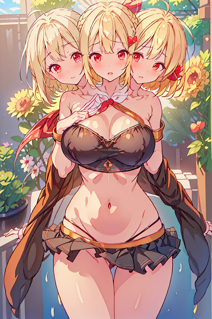 (masterpiece, best quality), best quality, (ultra-detailed), (3heads:1.5), 1girl, (rumia:1.3), masterpiece, best quality, ultra quality, ultra resolution, ultra detail, black top, crop top, ((stomach)), midriff, ((groin)), black skirt, normal ears, shackles, blonde hair, very long hair, wavy hair, short hair, red eyes, parted lips, cowboy shot, open belly, sweat, cute, toned belly, hand on own chest, eyelashes, (23 year old woman:1.3), (masterpiece:1.5), (best quality:1.5), (beautiful detailed), extremely detailed CG, extremely delicate and beautiful, depth of field, (finely detailed face), (perfect details:1.2), (mature female:1.3), wide pelvis, slender, large veiny breast, 16k resolution, highres, very high quality, very high definition, extremely detailed, masterpiece, blonde hair, long hair, alluring presence, braid, short skirt, close up, very big tits, huge tits, young, hair ribbon, red ribbon,