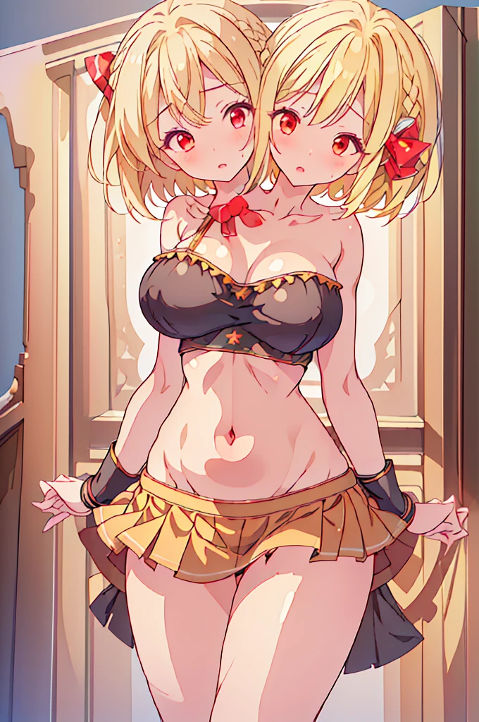 (masterpiece, best quality), best quality, (ultra-detailed), (3heads:1.5), 1girl, (rumia:1.3), masterpiece, best quality, ultra quality, ultra resolution, ultra detail, black top, crop top, ((stomach)), midriff, ((groin)), black skirt, normal ears, shackles, blonde hair, very long hair, wavy hair, short hair, red eyes, parted lips, cowboy shot, open belly, sweat, cute, toned belly, hand on own chest, eyelashes, (23 year old woman:1.3), (masterpiece:1.5), (best quality:1.5), (beautiful detailed), extremely detailed CG, extremely delicate and beautiful, depth of field, (finely detailed face), (perfect details:1.2), (mature female:1.3), wide pelvis, slender, large veiny breast, 16k resolution, highres, very high quality, very high definition, extremely detailed, masterpiece, blonde hair, long hair, alluring presence, braid, short skirt, close up, very big tits, huge tits, young, hair ribbon, red ribbon,
