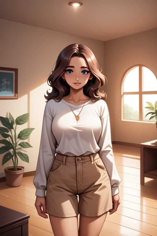 young woman; shoulder-length wavy brown hair; blue eyes; girl-next-door; soft features; beautiful; large breasts; casual clothing; in a living room; saucy pose; best quality; trending on artstation; complex volumetric lighting; warm incandescent; strong shadows; artistic lighting; dynamic; energetic vibe; subsurface scattering; specular highlights; micro-textures;
