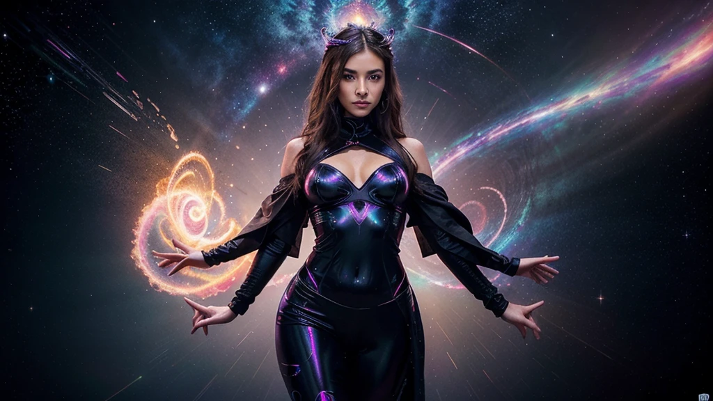 a cute, slender, aerobics instructor, small breasts, very short brown hair, brown eyes, dimples, fully clothed, fully clothed, fully clothed, fully clothed, sexy pose; In a kaleidoscopic realm of swirling stardust and neon nebulae, her incandescent form outshines quasars, with obsidian tresses cascading down her silhouette. Smoldering brown eyes and prismatic garments radiate the full spectrum across her curves. Diaphanous robes spiral in a chromatic vortex. Stardust crowns her as the mistress of chromatic allure. Her domain births dazzling realms of color, nurturing new celestial bodies with infinite potential. In this coruscating realm, the fully-clothed enchantress reigns supreme, her allure fueling perpetual creation and rebirth. fully clothed, sexy pose, fully clothed, fully clothed, fully clothed