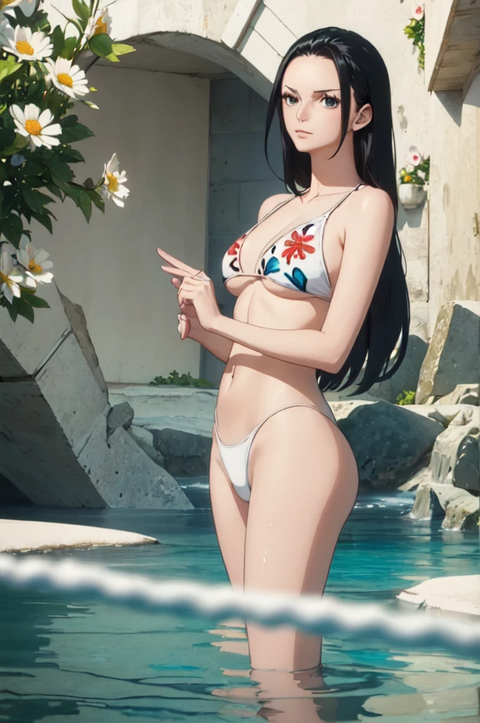best quality, masterpiece, over the sea,1girl (((white bikini swimsuit、flowers printed)))、Beautiful sunlight on the beach, One Piece character Nico Robin, long black hair, extremely beautiful, looking at the viewer, standing in a bikini.(top-quality, 8K, masterpiece:1.3)), A detailed eye, (looking at from the front), Look at the camera, ((Everything is sparkling、reflecting light:1.2)), (Best Ratio: 4 fingers, 1 thumb), (portrait), 1 person, Nico Robin ((one piece)), Beautiful woman with perfect body, Highly detailed facial and skin texture,wearing accessories on head, all fingers pointing at viewer,(((Beautiful white bikini))) sexy shy full body shorts buetifull nature