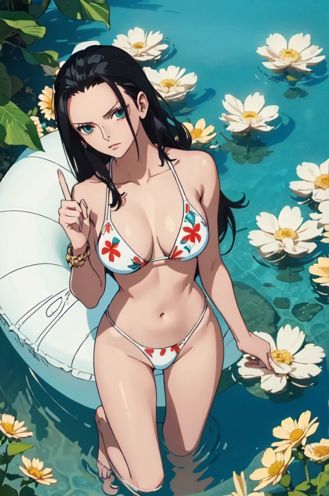 best quality, masterpiece, over  the  sea,1girl (((white bikini swimsuit、flowers printed)))、Beautiful sunlight on the beach, One Piece character Nico Robin, long black hair, extremely beautiful, looking at the viewer, standing in a bikini.(top-quality, 8K, masterpiece:1.3)), A detailed eye, (looking at from the front), Look at the camera, ((Everything is sparkling、reflecting light:1.2)), (Best Ratio: 4 fingers, 1 thumb), (portrait), 1 person, Nico Robin ((one piece)), Beautiful woman with perfect body, Highly detailed facial and skin texture,wearing accessories on head, all fingers pointing at viewer,(((Beautiful white bikini))) sexy shy full body shorts buetifull nature 