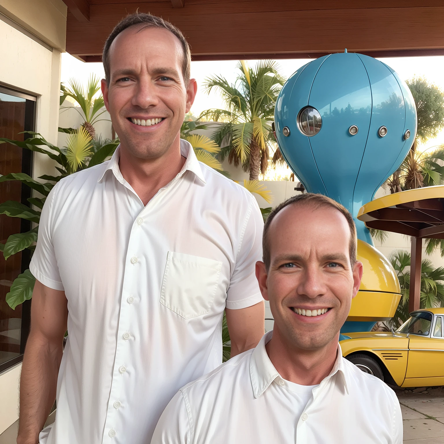 4K image from a 1960s science fiction film by Spike Jonze, wes cravens style, pastel colors, solo man (Todder9) smiling, standing next to a retro-futuristic car, at the gas station RetroFuturism fashion clothing from the 60s with alien ornaments, natural light, strangely futuristic, photorealistc, sharp background details