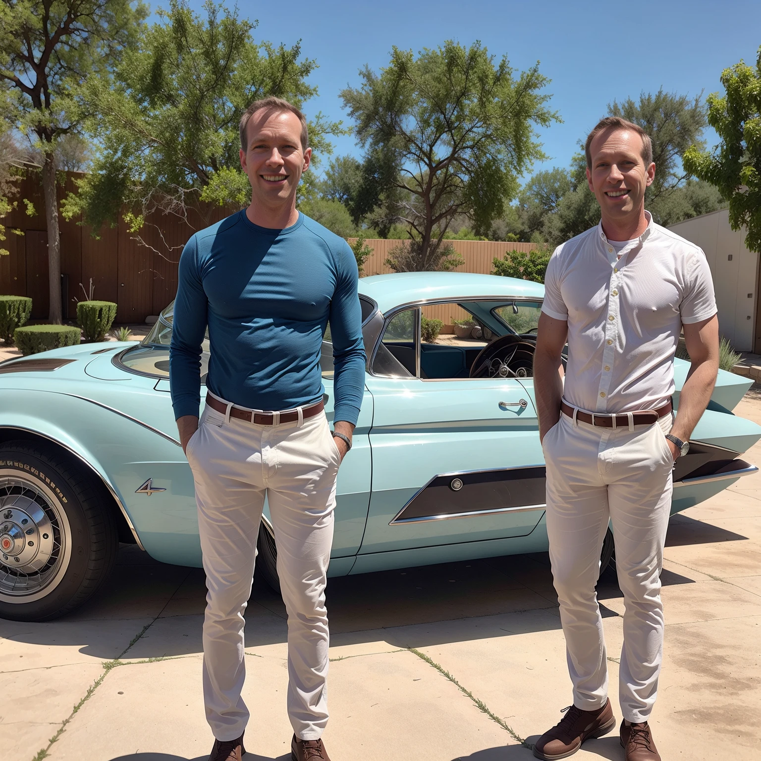 4K image from a 1960s science fiction film by Spike Jonze, wes cravens style, pastel colors, solo man (Todder9) smiling, standing next to a retro-futuristic car, at the gas station RetroFuturism fashion clothing from the 60s with alien ornaments, natural light, strangely futuristic, photorealistc, sharp background details