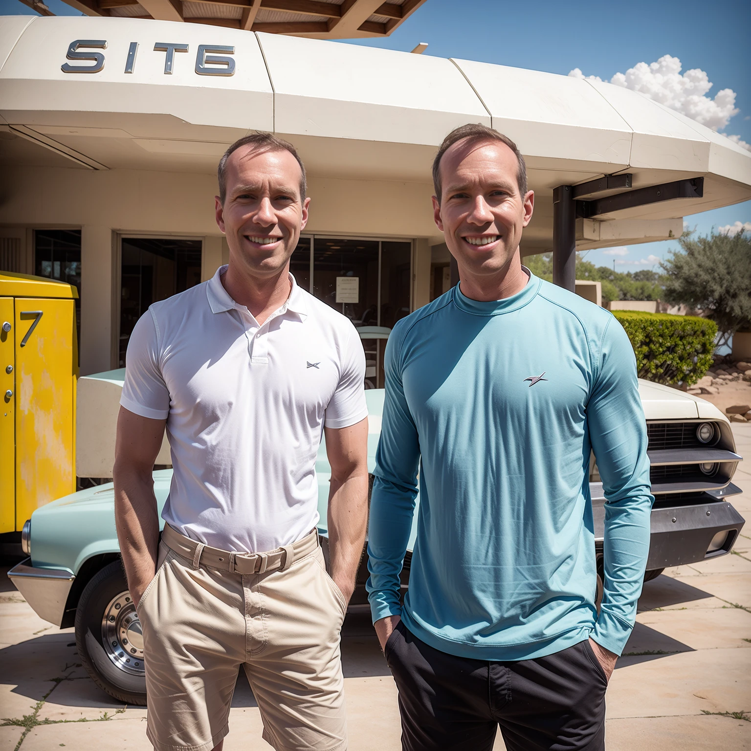 4K image from a 1960s science fiction film by Spike Jonze, wes cravens style, pastel colors, solo man (Todder9) smiling, standing next to a retro-futuristic car, at the gas station RetroFuturism fashion clothing from the 60s with alien ornaments, natural light, strangely futuristic, photorealistc, sharp background details