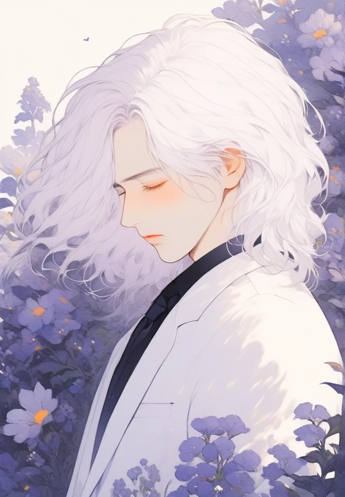 Boy, White hair, shoulder-length hair, closed eyes, sad look, Expensive suit, background field of flowers, Art Style, drawing, painting.
