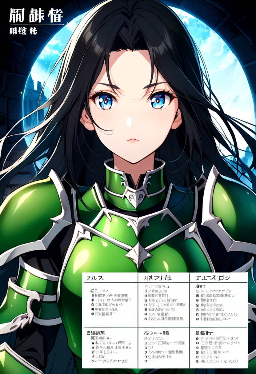 ((character sheet)),beauty eyes, black long hair, blue eyes,((green armor)), slim armor, beauty face