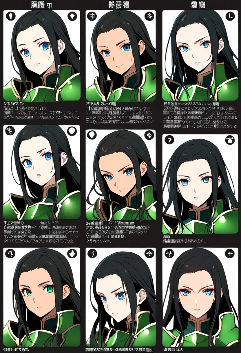 ((character sheet)),beauty eyes, black long hair, blue eyes,((green armor)), slim armor, beauty face