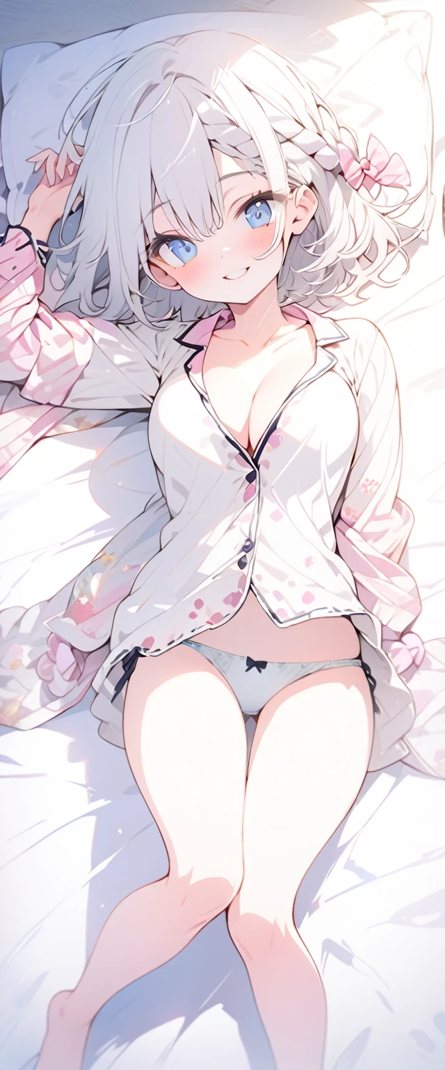 beautiful, masterpiece, Highest quality, anime, One girl,Portrait Shot, View your viewers, Covered、Short Hair、nearby、Blue Eyes、art、White hair,black streaked hair、Thighs、Braid、Bright、smile、Cleavage、barefoot、pajamas、bed、Lying on your back、Panties、Arms tied