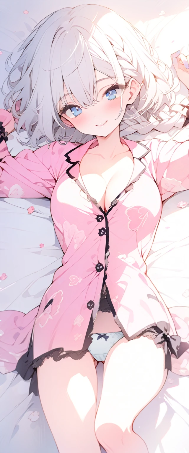 beautiful, masterpiece, Highest quality, anime, One girl,Portrait Shot, View your viewers, Covered、Short Hair、nearby、Blue Eyes、art、White hair,black streaked hair、Thighs、Braid、Bright、smile、Cleavage、barefoot、pajamas、bed、Lying on your back、Panties、Arms tied