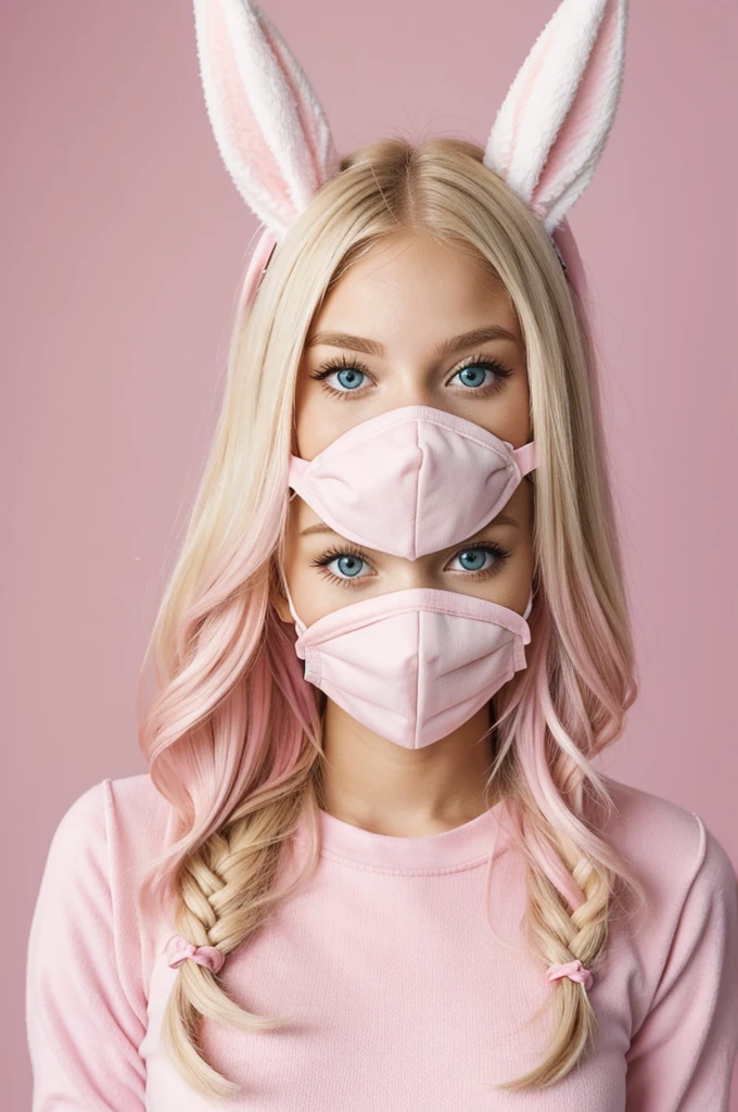 A blonde girl with blonde hair, light eyes and bunny ears wearing a pastel pink mask and pastel pink clothes