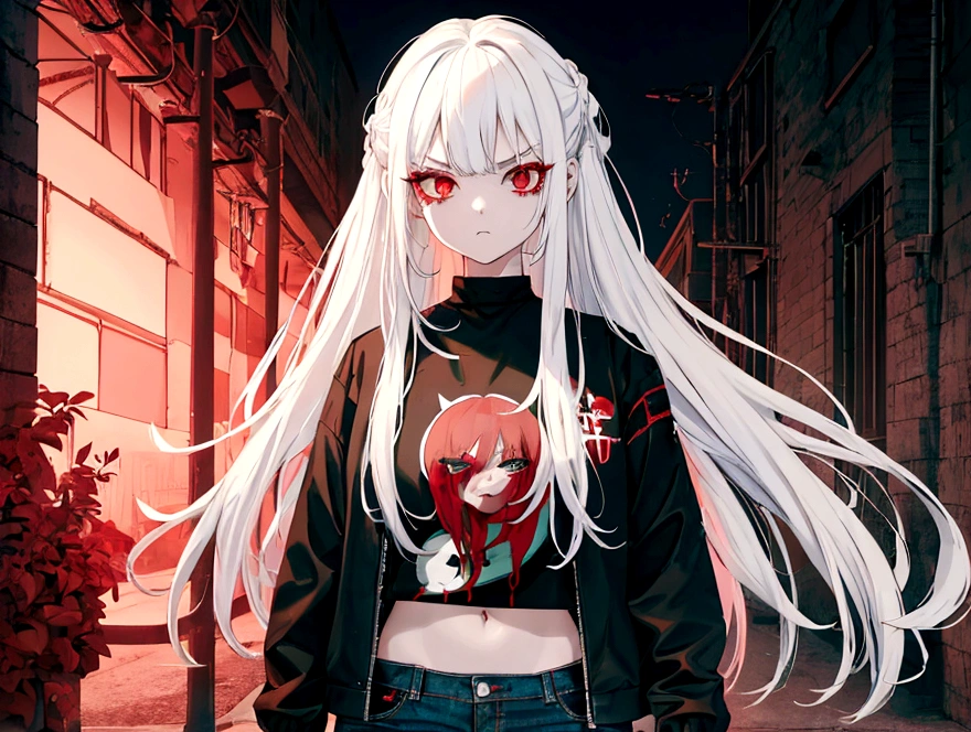 a menacing girl with white hair and red eyes, wearing distressed blue jeans, a black and red striped t-shirt, and a green jacket, posing against a blood moon background with reflexive lights, (best quality,4k,8k,highres,masterpiece:1.2),ultra-detailed, dark. fantasy