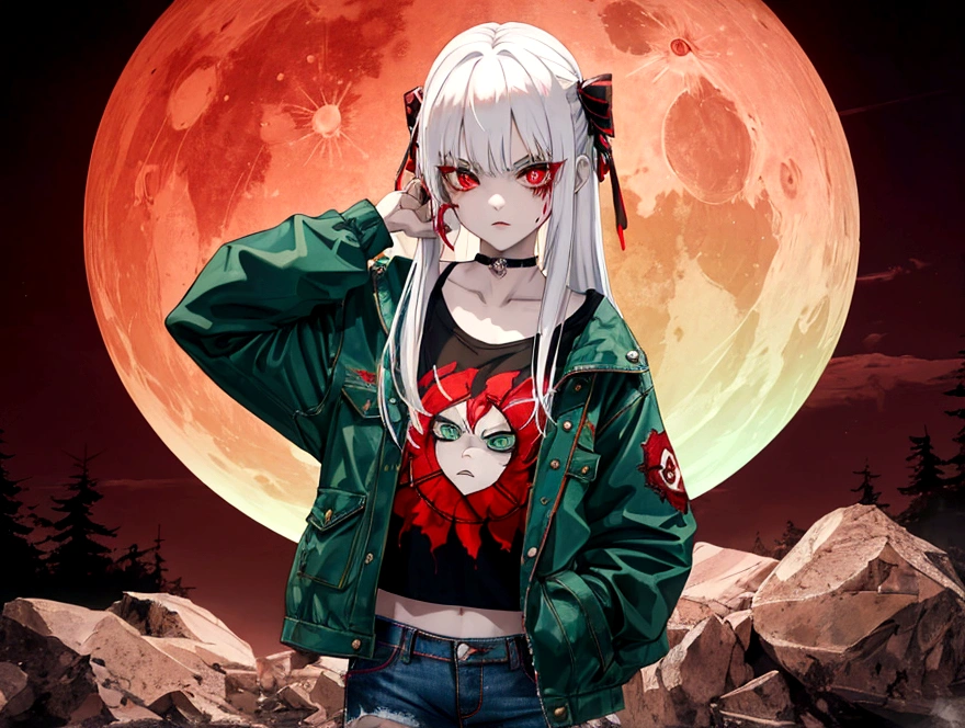 a menacing girl with white hair and red eyes, wearing distressed blue jeans, a black and red striped t-shirt, and a green jacket, posing against a blood moon background with reflexive lights, (best quality,4k,8k,highres,masterpiece:1.2),ultra-detailed, dark. fantasy