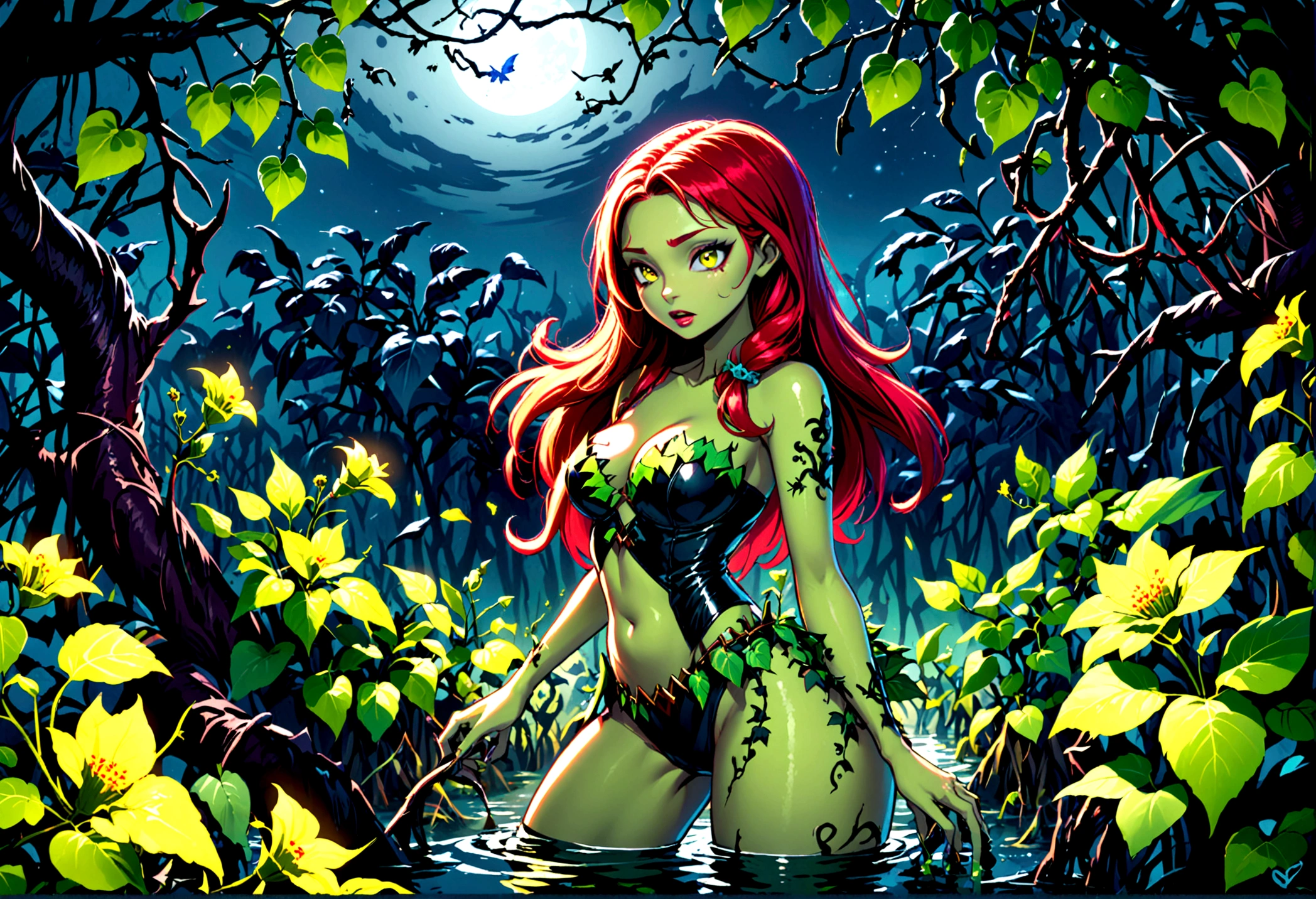 DC character 'poison ivy' has animated plant (thorn,vine,flower) beasts to demolish a horde of zombie (rotten people) emerging from a swap, moonlit swamp
