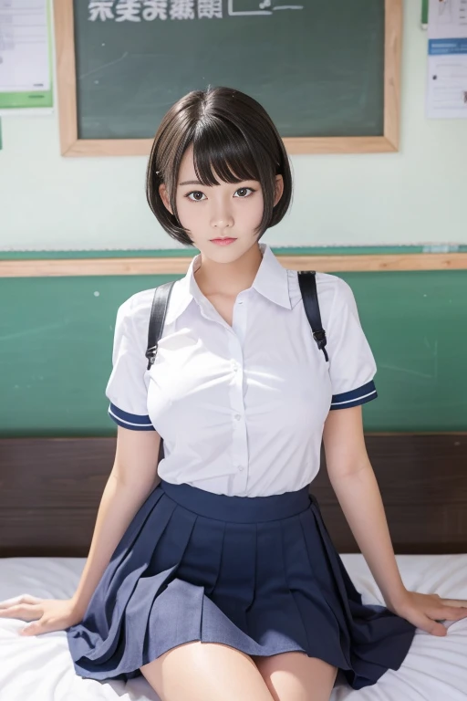 pretty school girl, short black hair, half sleeves white shirt, short dark blue skirt, beautiful thigh, symmetrical eyes, in bed, big breast, classroom with some classmates