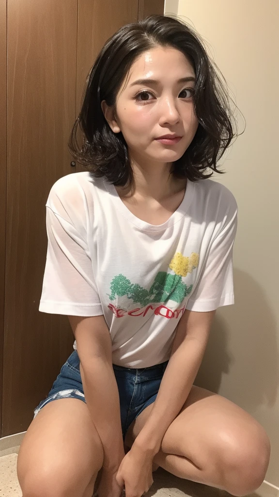 ((Highest quality)), ((8K)), ((masterpiece: 1.3)), (Perfect appearance), (Photorealism: 1.6), (AYN), (JMA), (Mature soapland girl), (Large bathroom: 1.2), (Large bathtub: 1.2), (浴槽を掃除するJapanese Mature), (屈んで浴槽を拭いているJapanese Mature: 1.4), (Bend your knees to the floor), (Crouched down and looking down), (He is holding a sponge in his right hand), (Scrub the bathtub with a sponge: 1.2), (Detailed Background), (Sweaty and wet body), (Full body portrait: 1.4), (60 years old, Japanese Mature), ((Realistic skin texture)), (Fine wrinkles all over the skin), (Dullness), (Facial wrinkles), (Wrinkles around the eyes), double eyelid, Tear bags under the eyelids,
Tired look, Sweaty face, Short bangs, Curly long hair, Most of the hair is tied back., Hair hanging down on face, (Baggy T-shirts and shorts that are loose around the neck), (Soft fabric floral T-shirt), (Wet and damp T-shirt and shorts), barefoot,